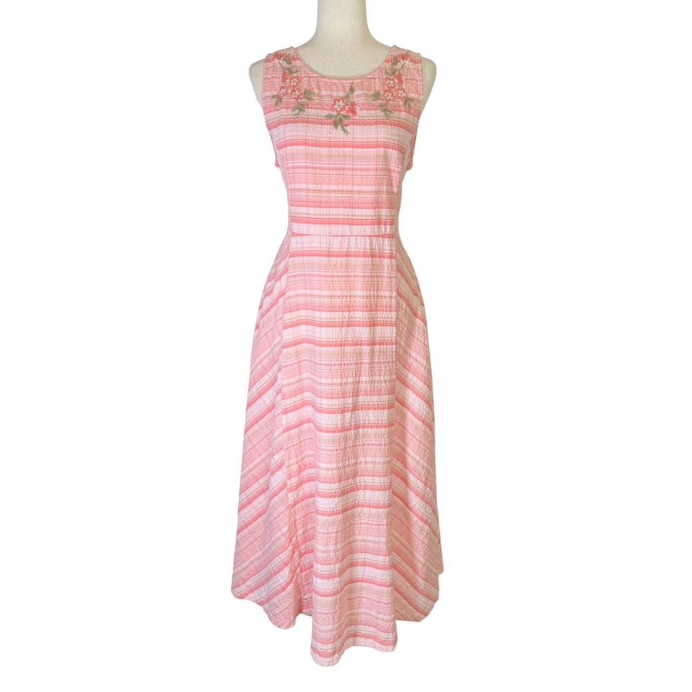April Cornell Midi Dress Womens Large Pink Striped Seersucker Floral Embroidered